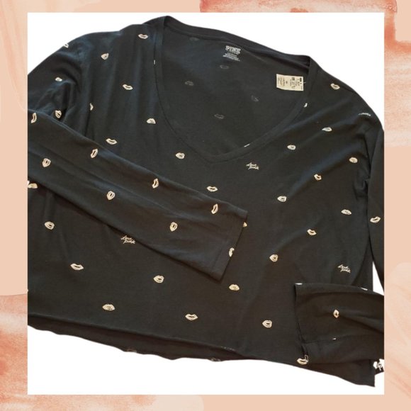 NWT VS PINK Black Long Sleeve Lips Crop Tee - Picture 2 of 3